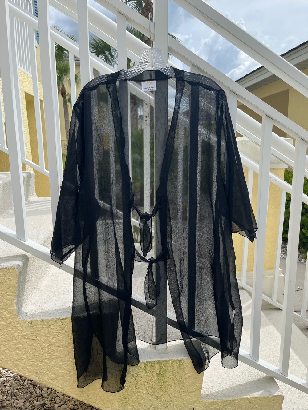 Sheer Black Tie-Front Kimono Cover-Up 1X